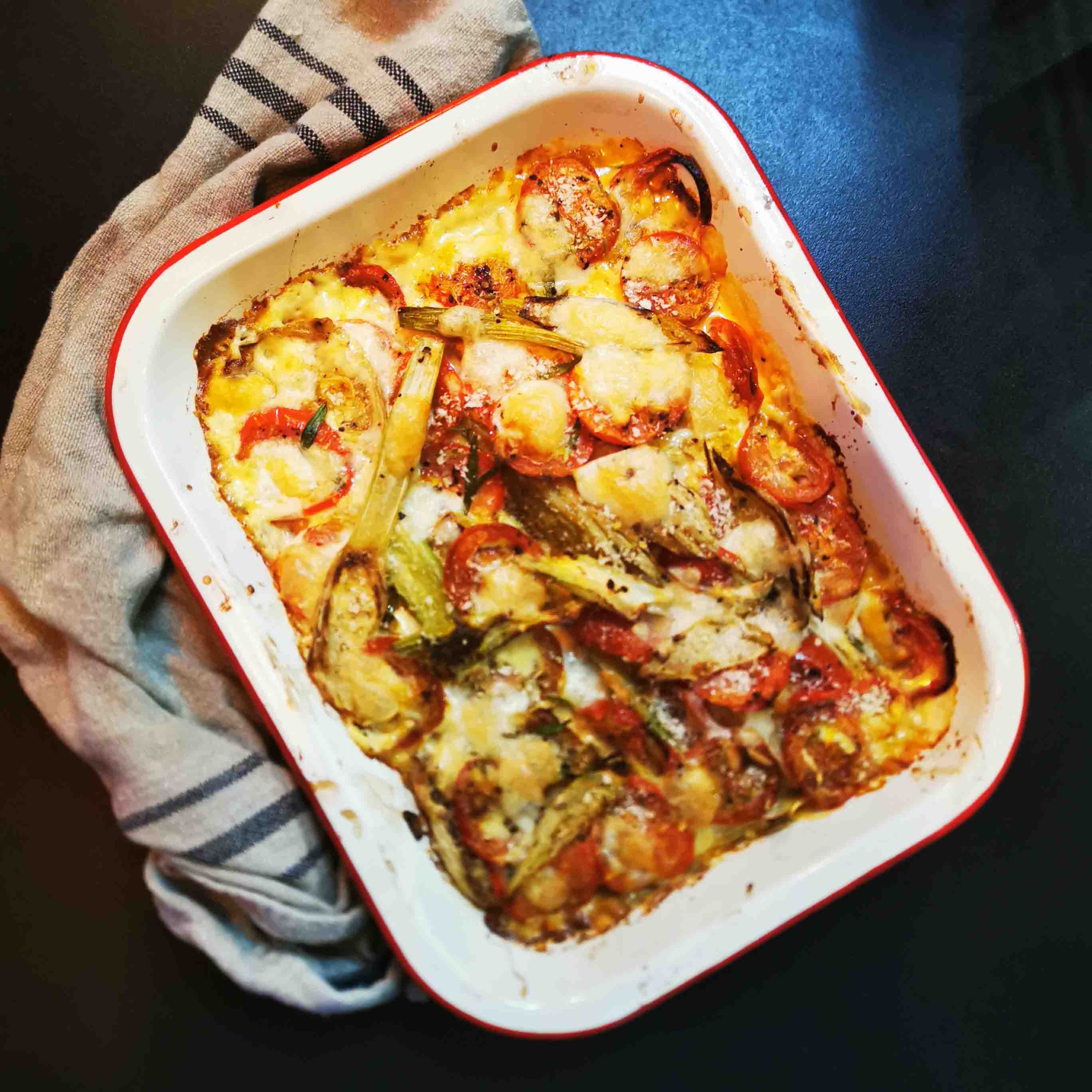 simple fennel and tomato gratin recipe by Angela Langford